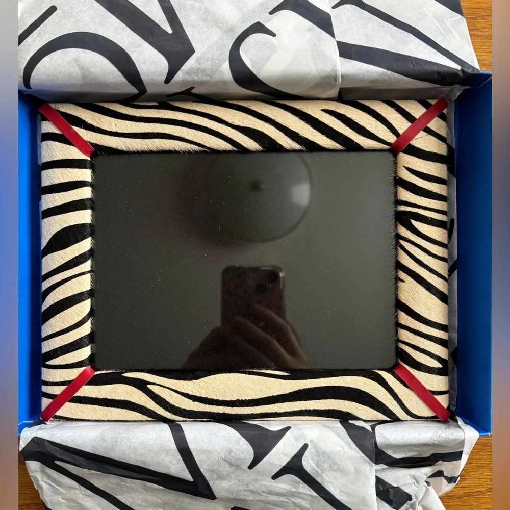 J McLaughlin Pony Hair Leather Picture Frame, Black Cream Zebra Print 5X7” Photo